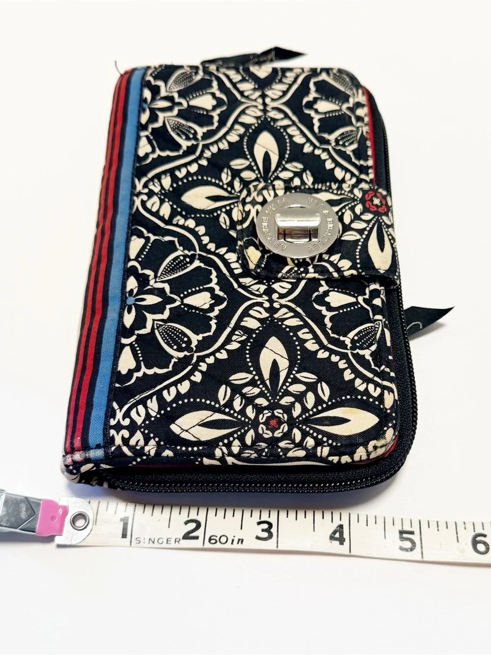 Vera Bradley Black and White Floral Turnlock Wallet with Red & Blue Trim